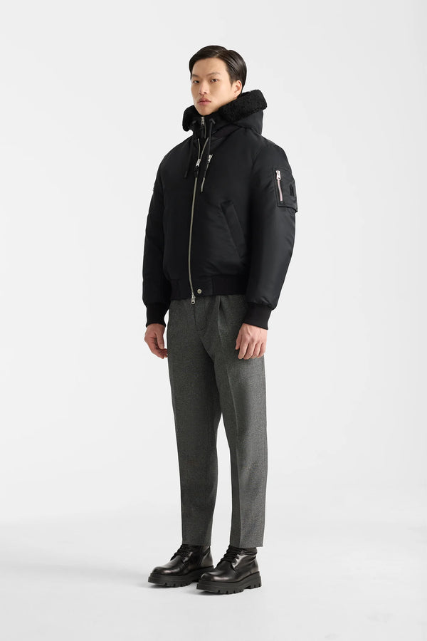 August-Z Bomber Jacket Shearling-Trimmed Hood Black