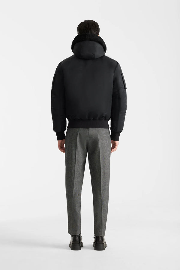 August-Z Bomber Jacket Shearling-Trimmed Hood Black