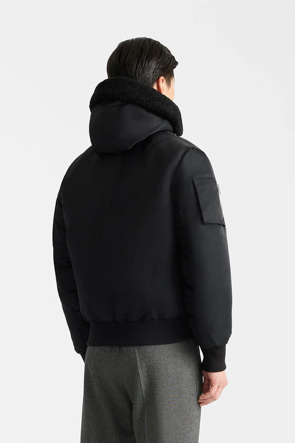 August-Z Bomber Jacket Shearling-Trimmed Hood Black